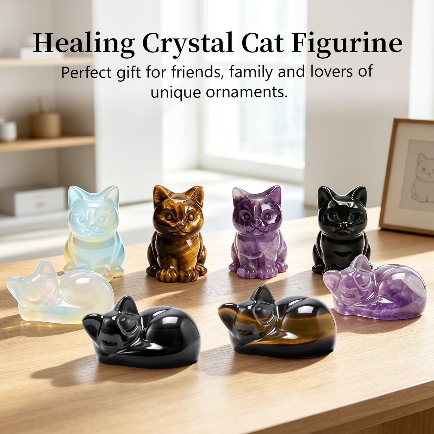 LIDSCURA 2 PCS Blue Opal Moonstone Cat Figurines Set, Sitting & Lying Crystal Cat Statues, Natural Stone Home Office Desk Decor, Gift for Cat Lovers (Includes Gift Box)