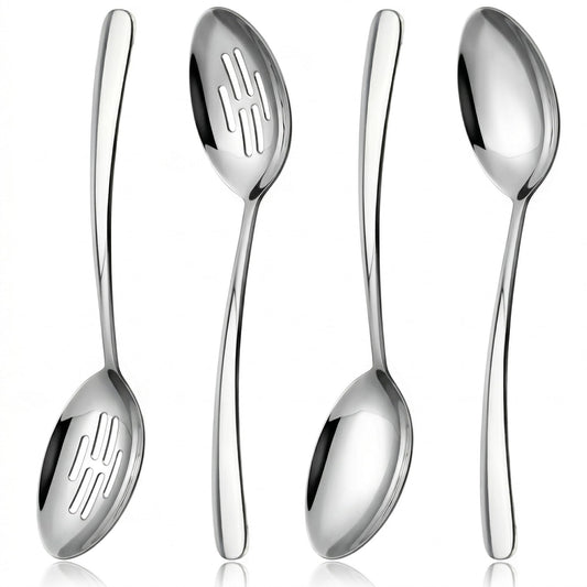 10.3-in Large Serving Spoons Set, 18/0 Stainless Steel, Heavy Duty, 2 Serving & 2 Slotted for Wedding Party Buffet Housewarming, Pack of 4