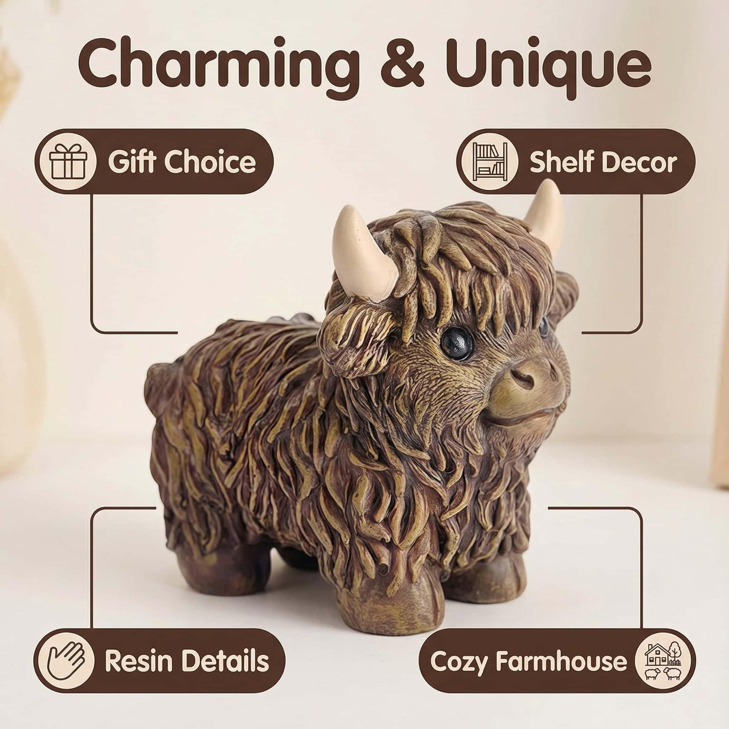 NYSCURE Nordic Cow Statue Resin Brown 4.3 Inch Highland Cow Figurine Scottish Calf Statues, Desk Bookshelf Decor Gardens Office Tiered Trays Living Room Ornament Gifts