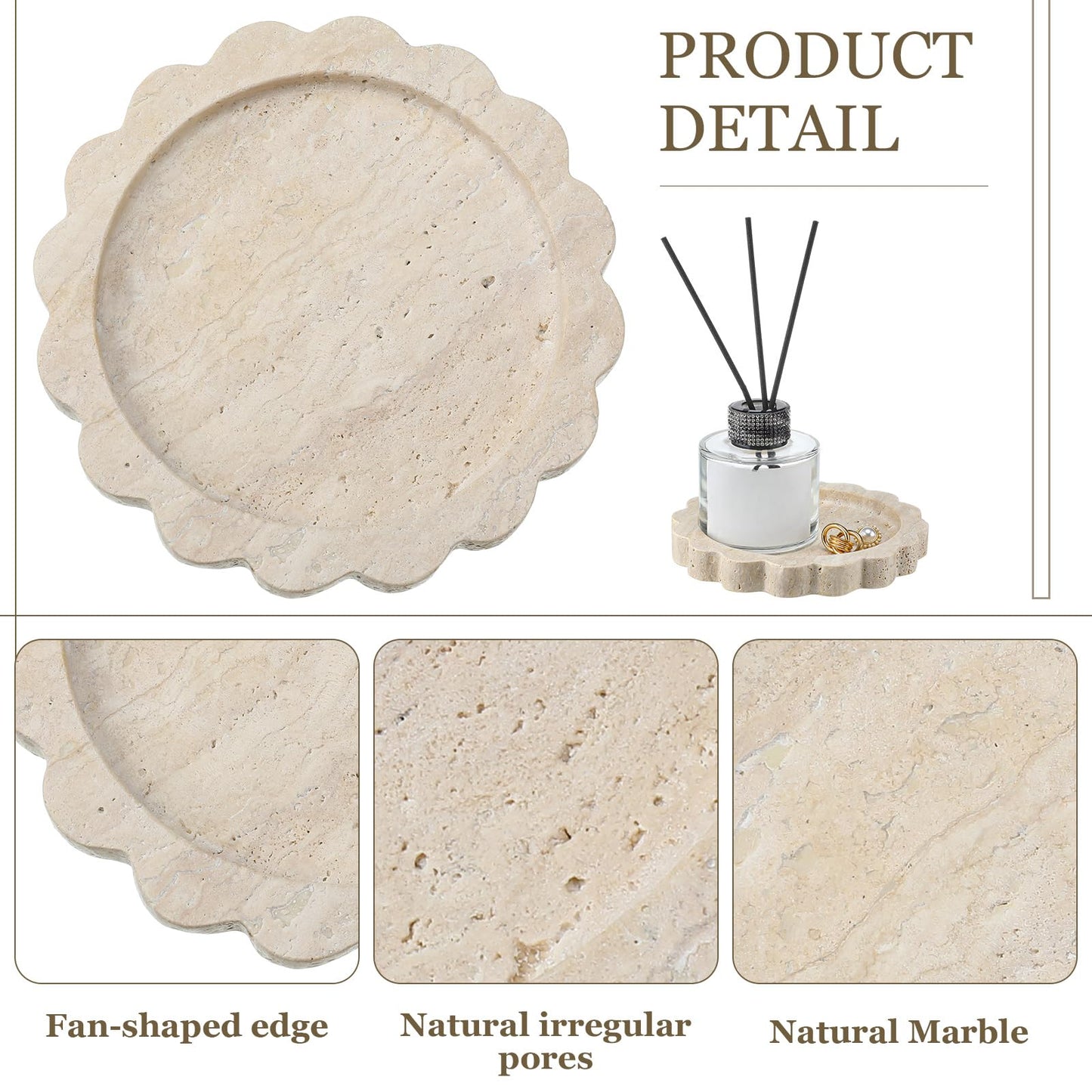Threehoney 5.5 Inch Small Travertine Stone Tray Marble Jewelry Dish Trinket Tray for Women, Perfume, Coffee Table(Round,Scallop)