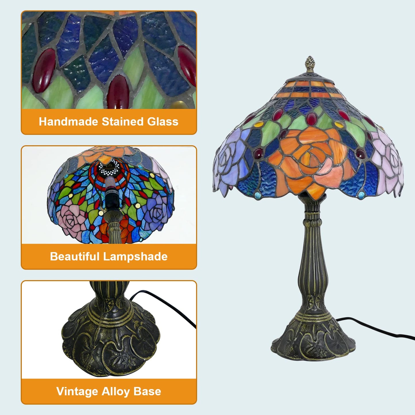 Tiffany Table Lamp Stained Glass Peony Flower Style Table Light, 12" Wide 19" Tall Handmade Bedside Table Night Lamp, Antique Art Craft Gifts for Living Room Bedroom Study Bookcase Desk Light