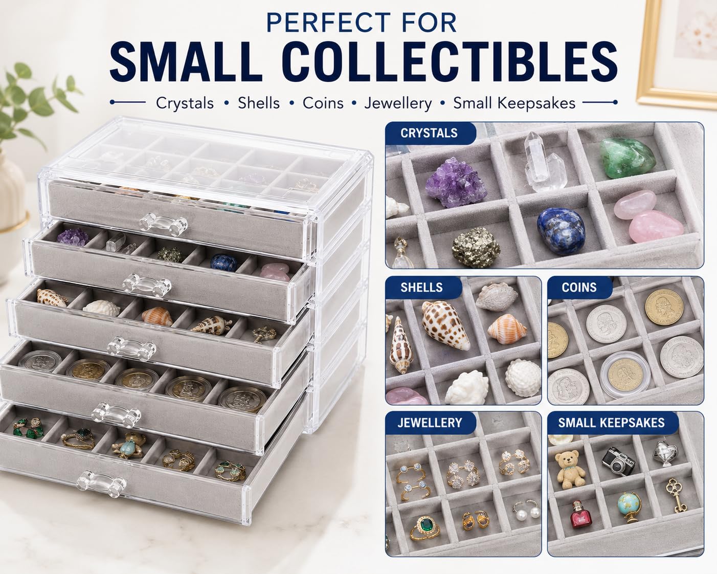 IRSTBL - Rock Collection Display Case - 90 Grid Crystal Shell Storage Box - Mineral Collection Display Cabinet with 5 Drawers