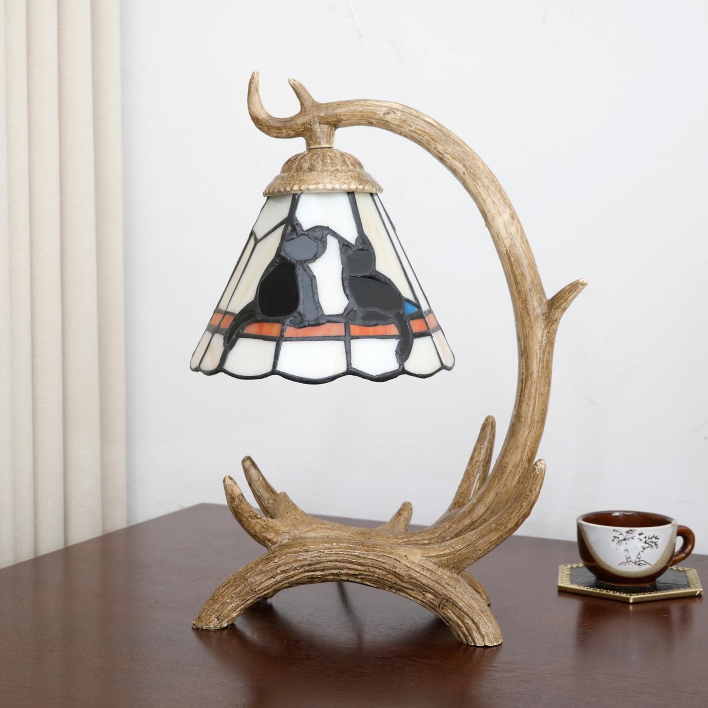 Halloween Black Cat Tiffany Lamp Stained Glass Table Lamp rustic Antler Desk Lamps Christmas Kids Decor Cute Cat Lamp Lover Gift For Bedroom Bedside Nightstand Kitchen Living Room Office Night Light