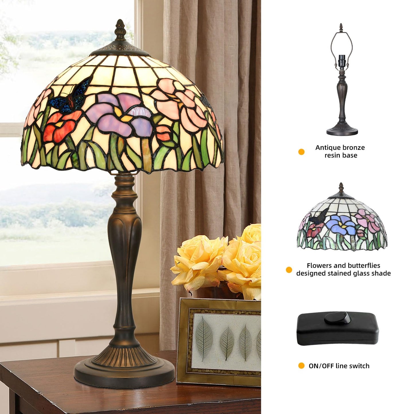HomeBeauty TL0001 Tiffany Table Lamp Handmade Stained Glass Flowers Butterfly Design Lampshade Reading Desk Light 12X21.5 Inches for Bedroom Living Room Home Office,LED Bulb Included