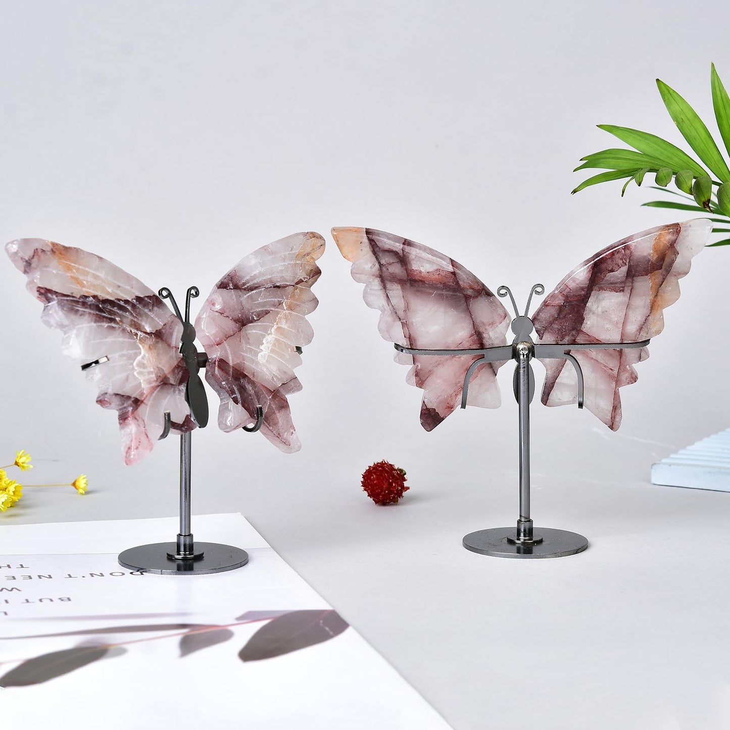 JIC Gem Hematoid Quartz Crystal Stone Butterfly Art Decorative Healing Crystal Slices Carved Angel Wings with Silver Stand Office Home Decor Reiki Gifts (1pair, 10cm)