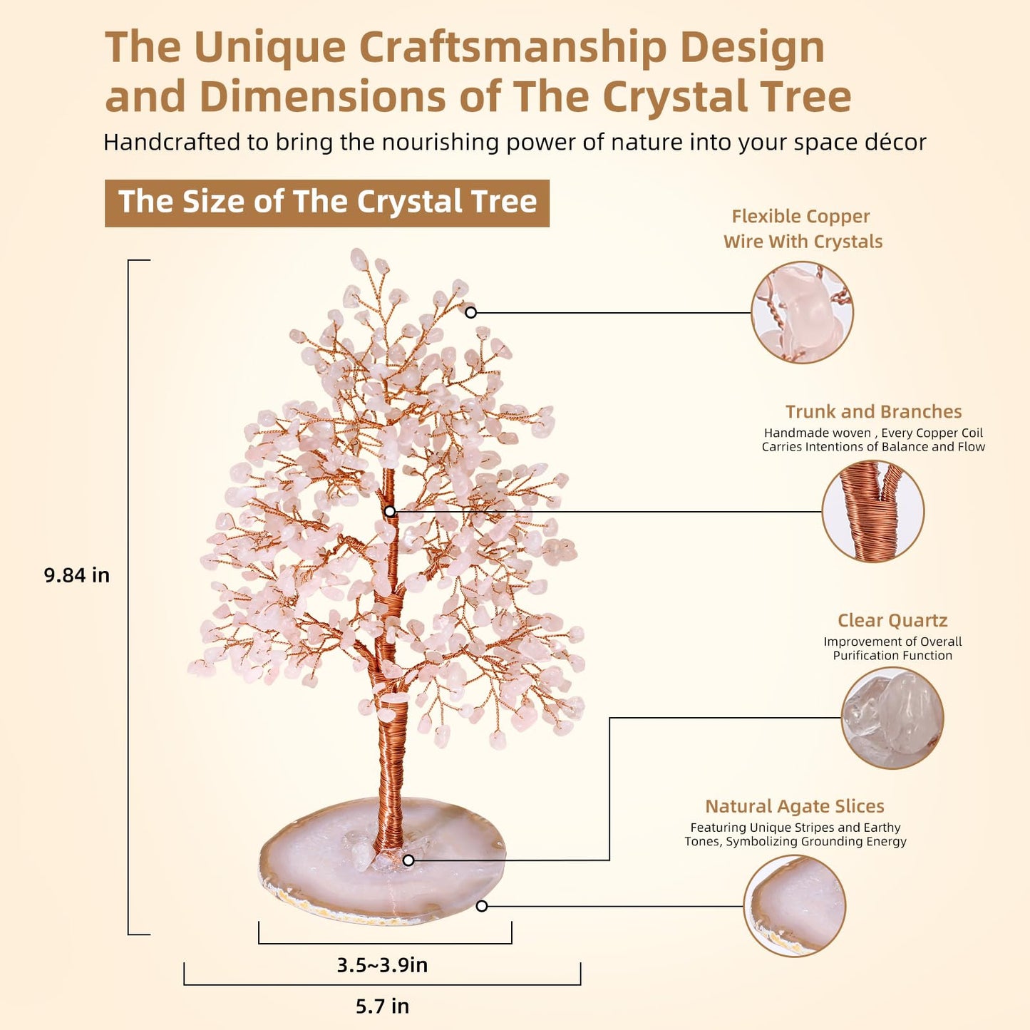 Hopeseed Rose Quartz Chakra Crystal Tree of Life Handmade Bonsai Healing Crystals Tree for Home, Desk, Living Room, Office Decor for Positive Energy, Good Luck Birthday Gift for Women, Mom, Men