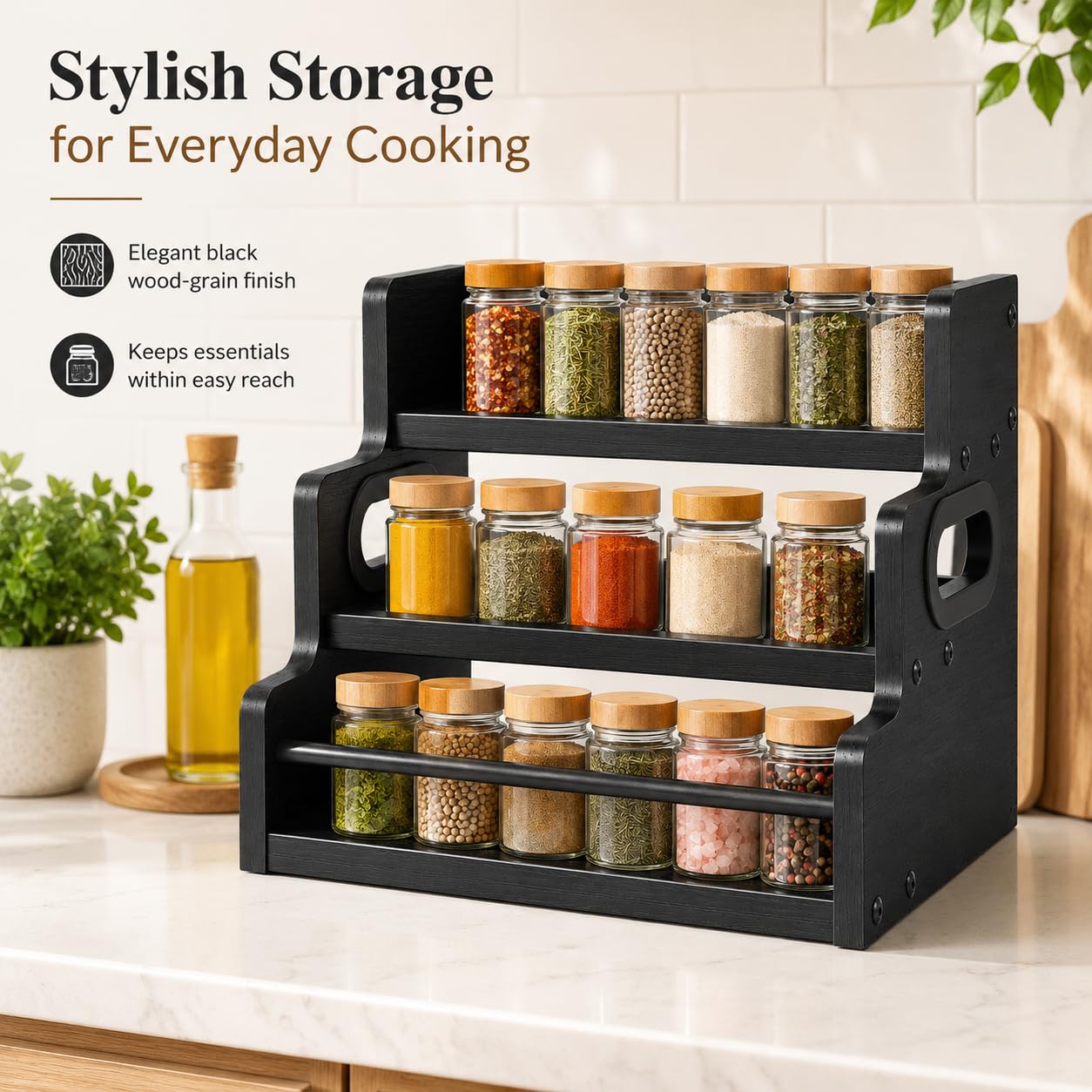 CTCKWMD 3 Tier Spice Rack Organizer for Cabinet, Wood Spice Shelf Storage, Kitchen Seasoning Organizer for Kitchen Countertop or Pantry, Spice Bottles, Bottles, Black
