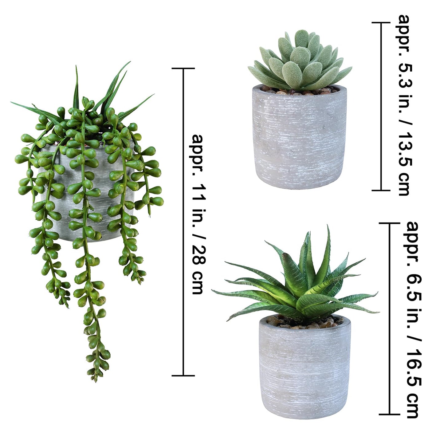 Winlyn 3 Pack Artificial Potted Succulent Plants Faux Aloe Echeveria String of Pearls Succulents in Gray Cement Pots Small Decorative Plants for Home Office Table Shelf Windowsill Greenery Décor