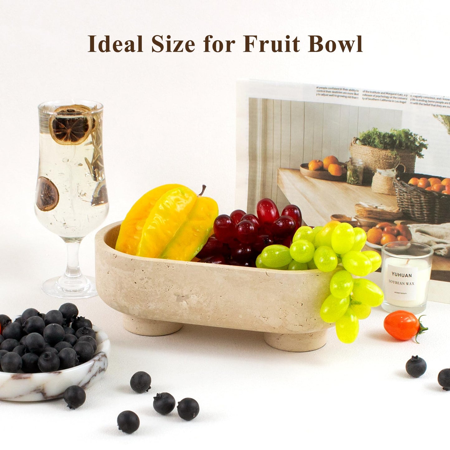 LIN CHUAN Natural Oval Travertine Stone Fruit Bowl for Kitchen Counter | Two-Legged Decorative Pedestal Bowl for Dining Table Decor, 10" Luxury Entryway Catchall Purse Bowl - Travertine