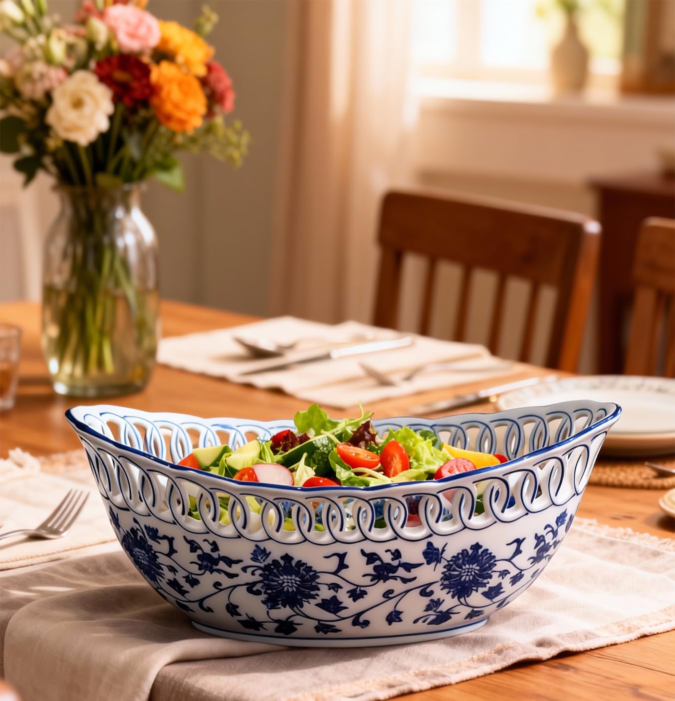 Aimusego Blue and White Porcelain Fruit Bowl, Hand Painted Floral Retro Hollow Ceramic Fruit Tray Plate Dish, Colander, Chinoiserie Oval Decorative Candy Serving Basket for Housewarming