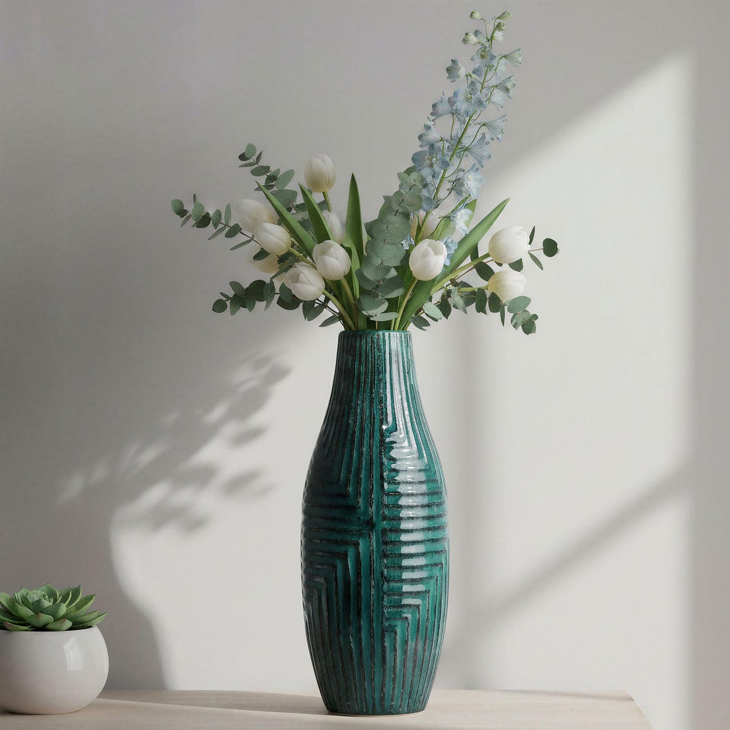 hjn Teal Hand-Glazed Ceramic Vase - 13.8" H Modern Decorative Centerpiece Vase for Fresh/Dried Flowers, Home Decor for Living Room Bookshelf Mantel | Wedding Housewarming Gift