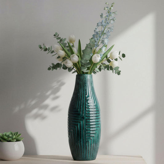 hjn Teal Hand-Glazed Ceramic Vase - 13.8" H Modern Decorative Centerpiece Vase for Fresh/Dried Flowers, Home Decor for Living Room Bookshelf Mantel | Wedding Housewarming Gift