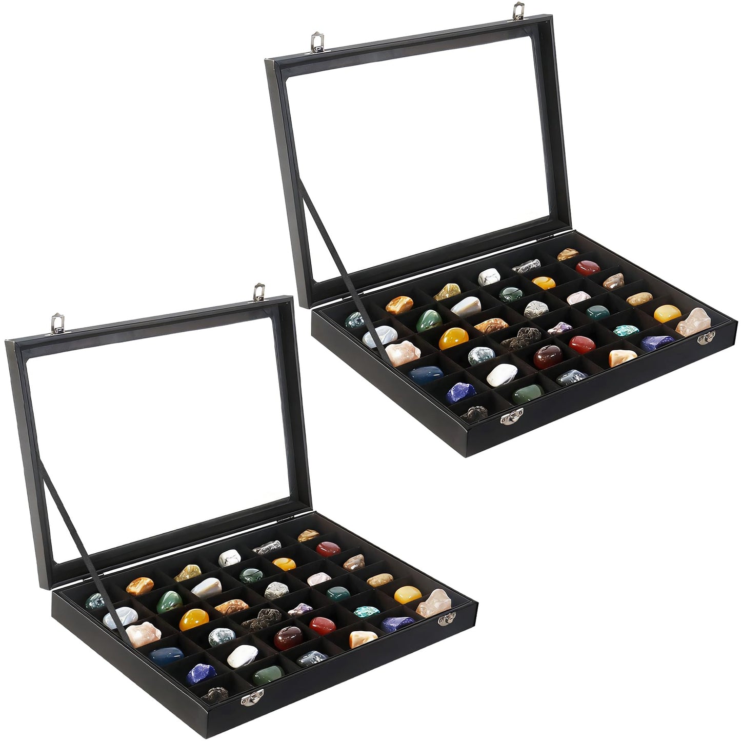 Dmnnlp 2 Pack Rock Collection Display Case, 36 Grids PU Leather Rock Collection Box with Glass Lid and Velvet Lining, Crystal Storage Organizer for Gemstones, Tumbled Stones, Minerals, Fossil (Black)