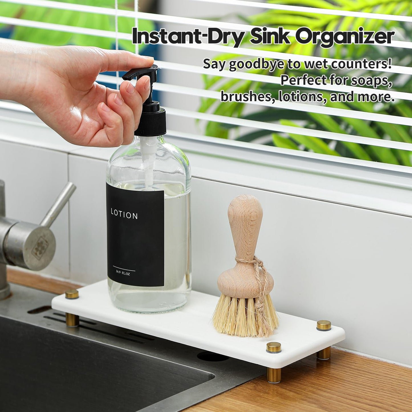 Razborci Water Absorbing Stone Sink Caddy Kitchen Sink Organizer Tray, Diatomite Bathroom Counter Tray, Gold Faucet Drying Mat Coaster Soap Dish Rack Riser Dispenser Sponge Holder, White 10" x 4"