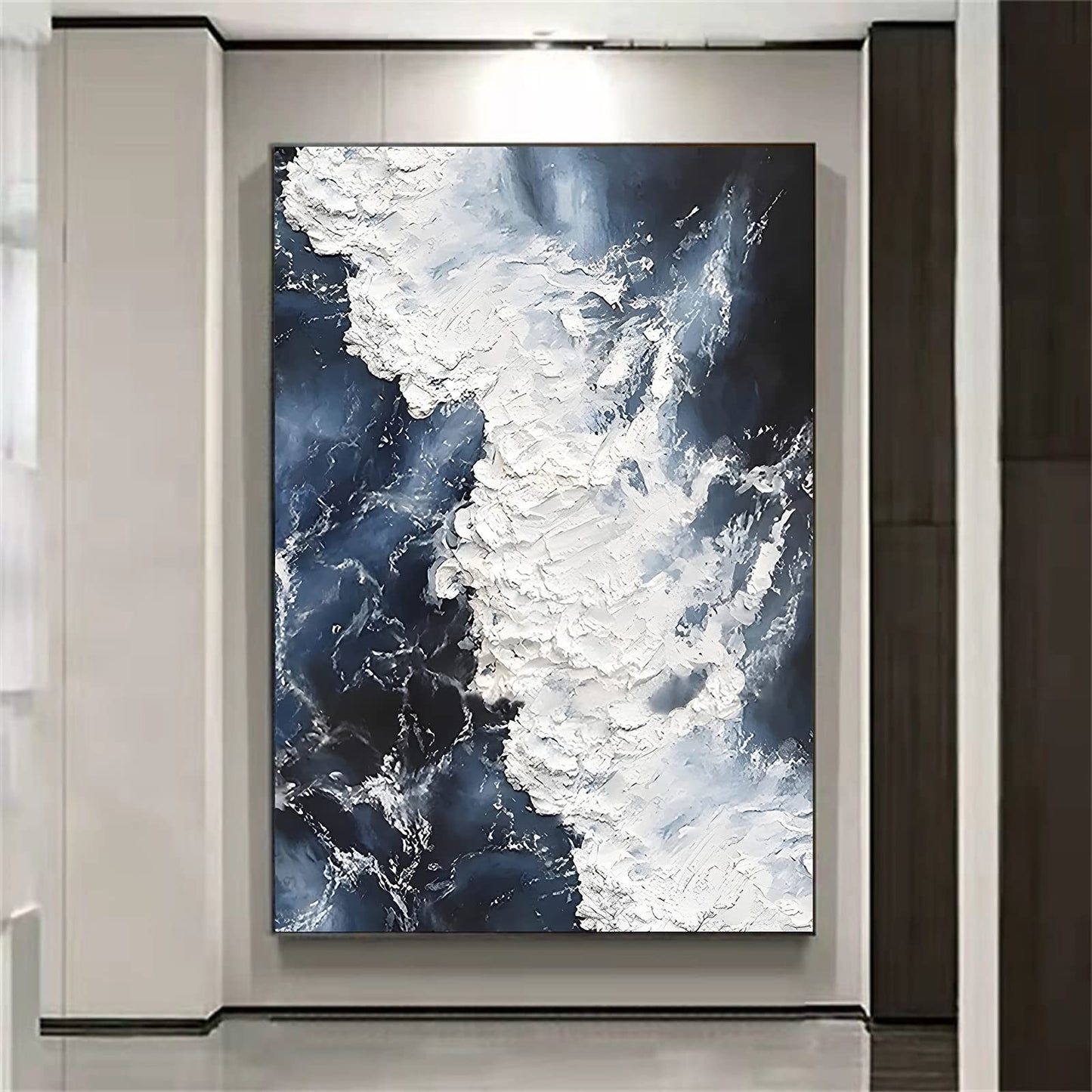 BACJUOPLDArt Abstract Ocean Canvas Wall Art Navy Blue And White Abstract Poster Blue Sea Ocean Wave Picture Modern Navy Blue Landscape Painting For Bedroom Wall Decor 16x24in No Frame