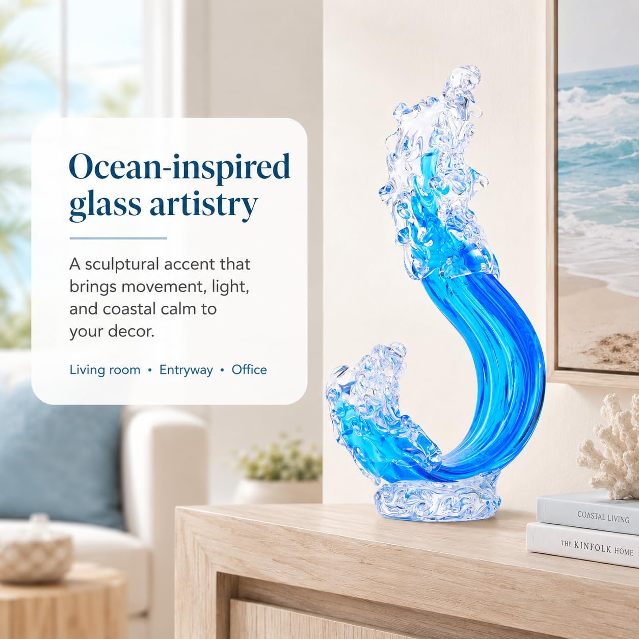 Blue Hand Blown Glass Ocean Wave Statue,Fused Sea Glass Art Decor,Abstract Wave Sculpture Ornament,Coastal Nautical Themed,Beach House Decor,Coffee Table,TV Stand,Bookshelf,Entryway,Office,Counter