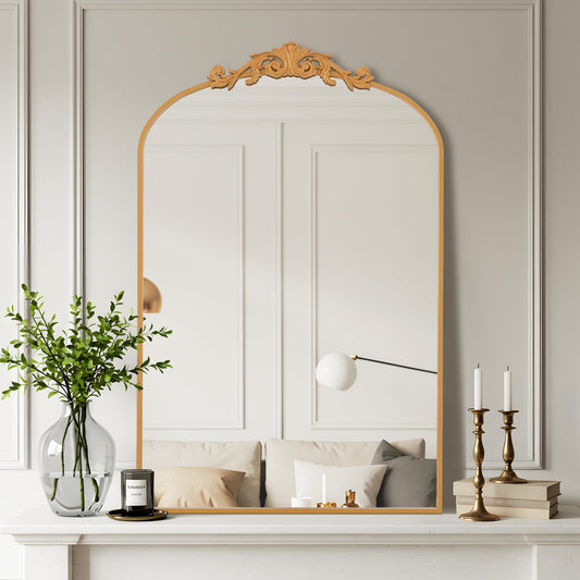 Filigree Arched Wall Mirror 22"x46" Retro Wall-Mounted Mirror with Vintage Ornate Carved Applique Hanging Leaning Antique Home Decor Mirror for Fireplace Living Room Entryway Hallway Bathroom, Gold