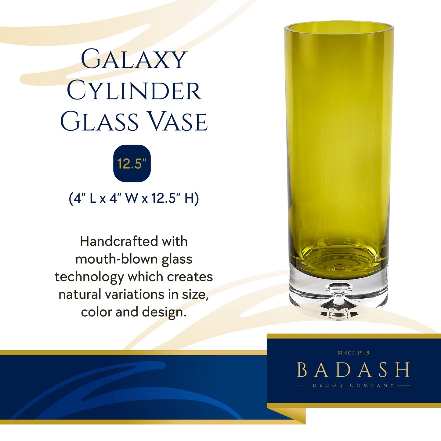 Badash Galaxy Olive Green Glass Vase - Glass Cylinder Vases for Centerpieces - European Glass Vases for Flowers - 12” Mouth-Blown Glass Vase