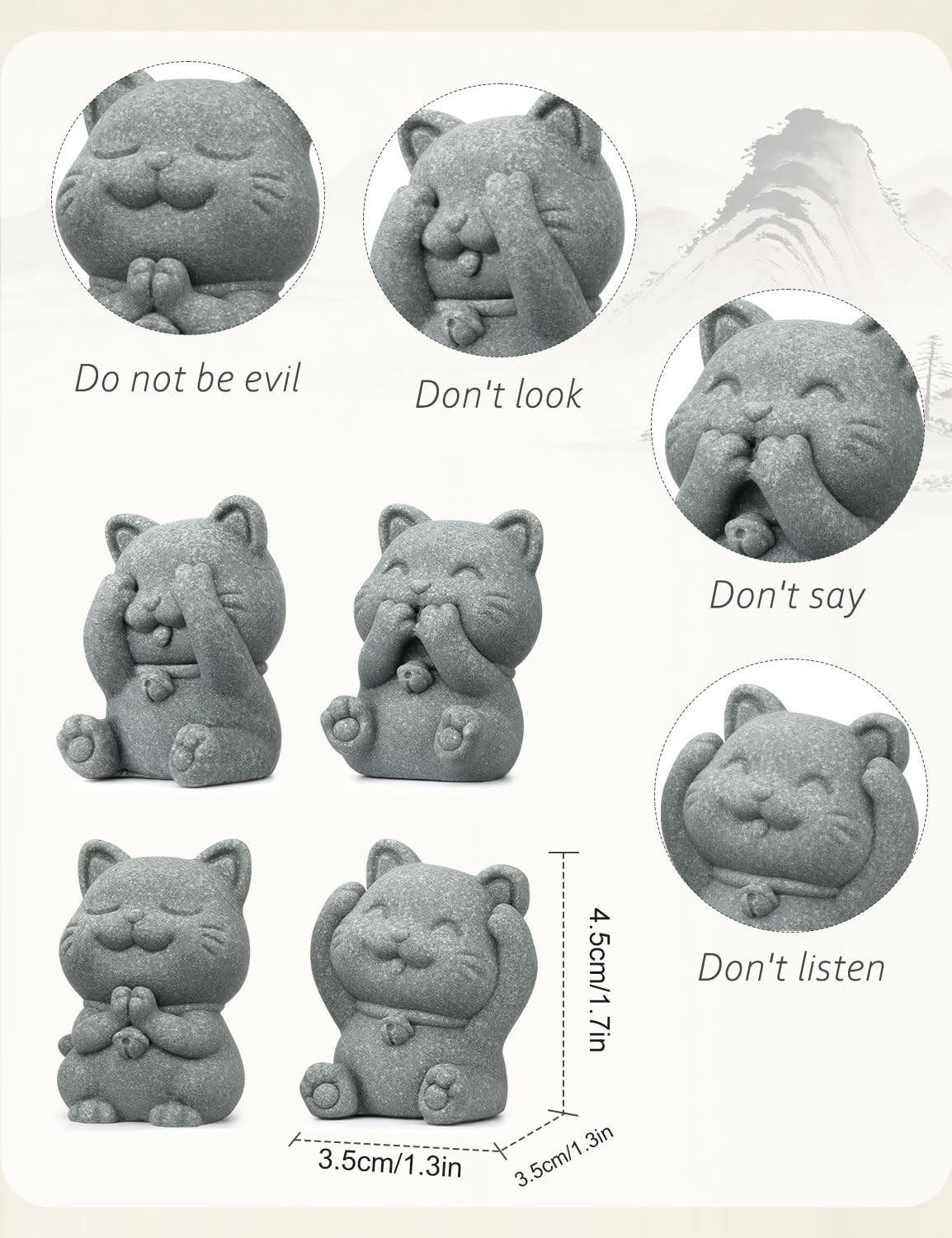 BEIZHAN 4 Piece Cute Cat Figurine Set, Sandstone See no Evil,Hear no Evil,Speak no Evil,Do no Evil Statues, Zen Desk/Garden Decor, Adorable Kitty Accents for Home Office
