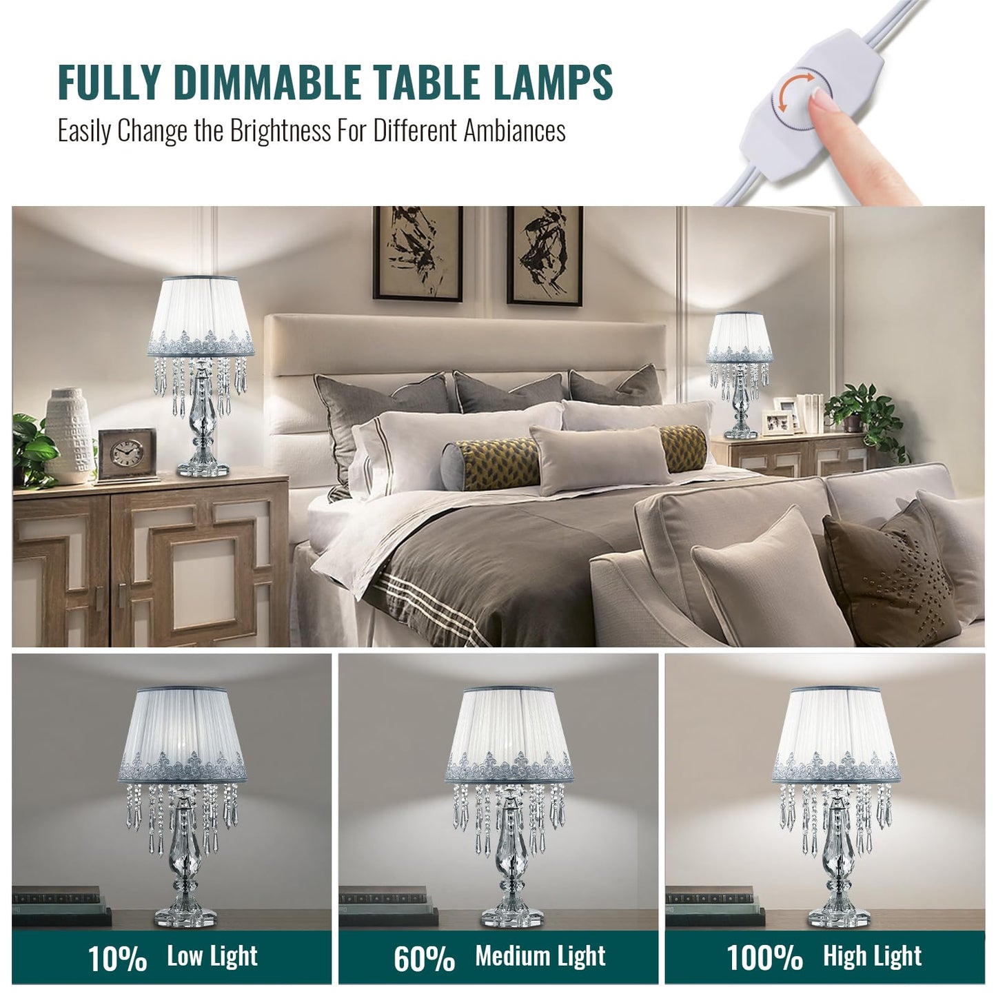 Siljoy Crystal Table Lamp Set of 2, Dimmable Bedside Lamp with Fabric Shades, Farmhouse Nightstand Lamps with K9 Crystal Strands for Living Room Bedroom 22.8 High