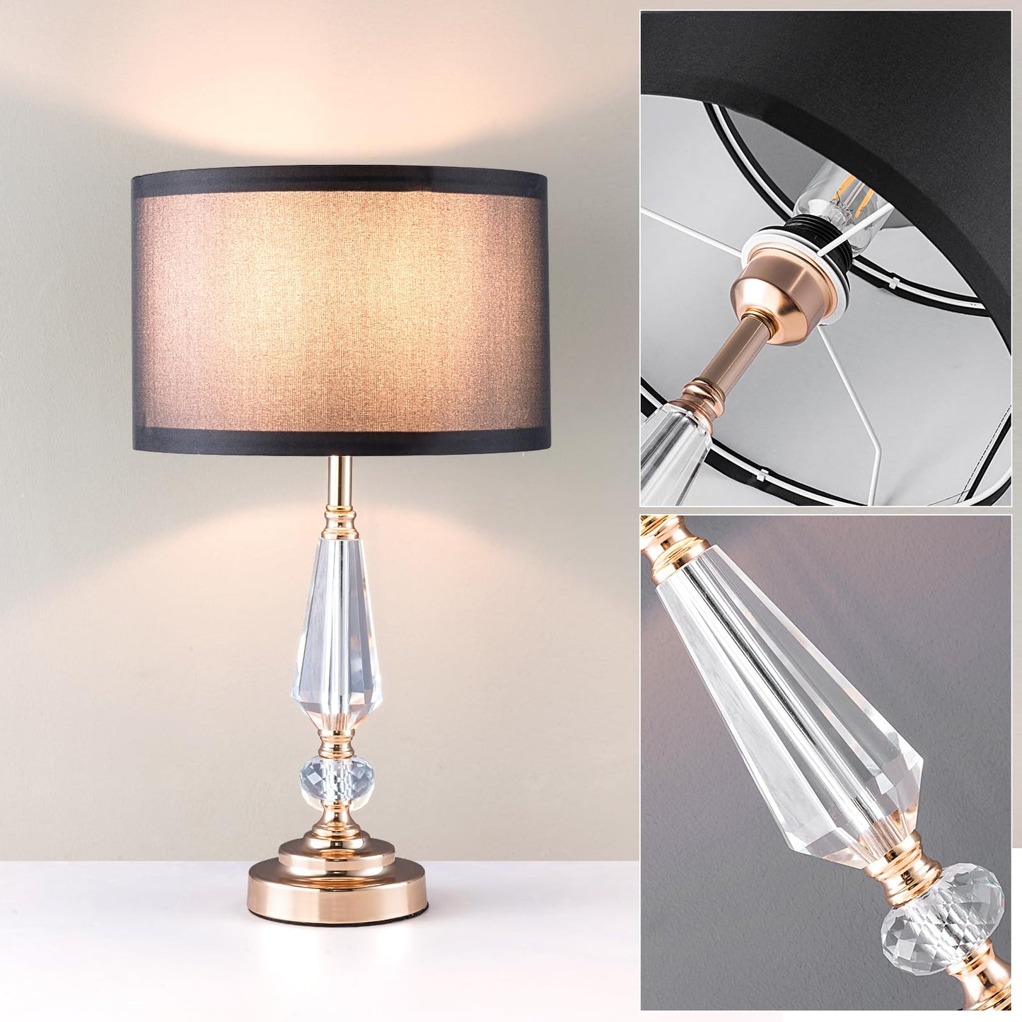 LYJRSMNX Crystal Table Lamp, Multi-Style Bedside Lamp for Bedroom Living Room Office (Crystal Pillar, Table Lamp, Black)