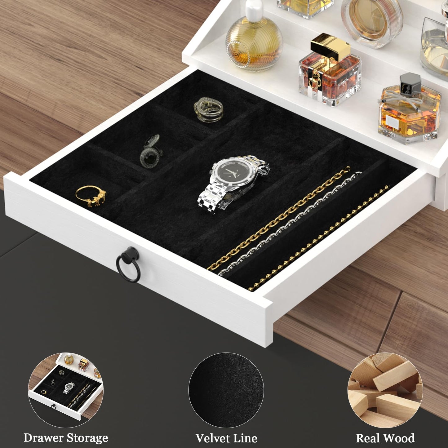 upcessory Wooden Cologne Organizer for Men Enhanced 4 Tier Cologne Stand Shelf Perfume Organizer with Velvet Lined Drawer & Hidden Storage Perfume Display Holder for Dresser Nice Gift (Elegant White)