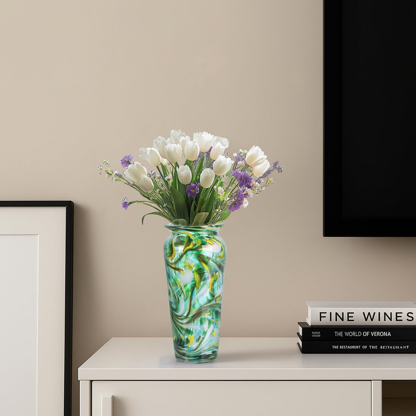 PlivBloom Green Hand Blown Glass Vase – Tall Speckled Decorative Centerpiece in Murano Style for Dining Table, Coffee Table, Mantel, Entryway, or Bookshelf in Coastal or Modern Decor (Green)