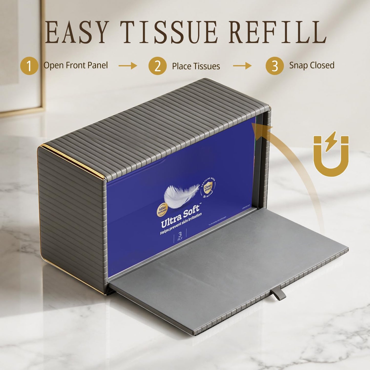 Fanousy Grey Tissue Box Holder Rectangle,Tissues Cover with Gold Trim