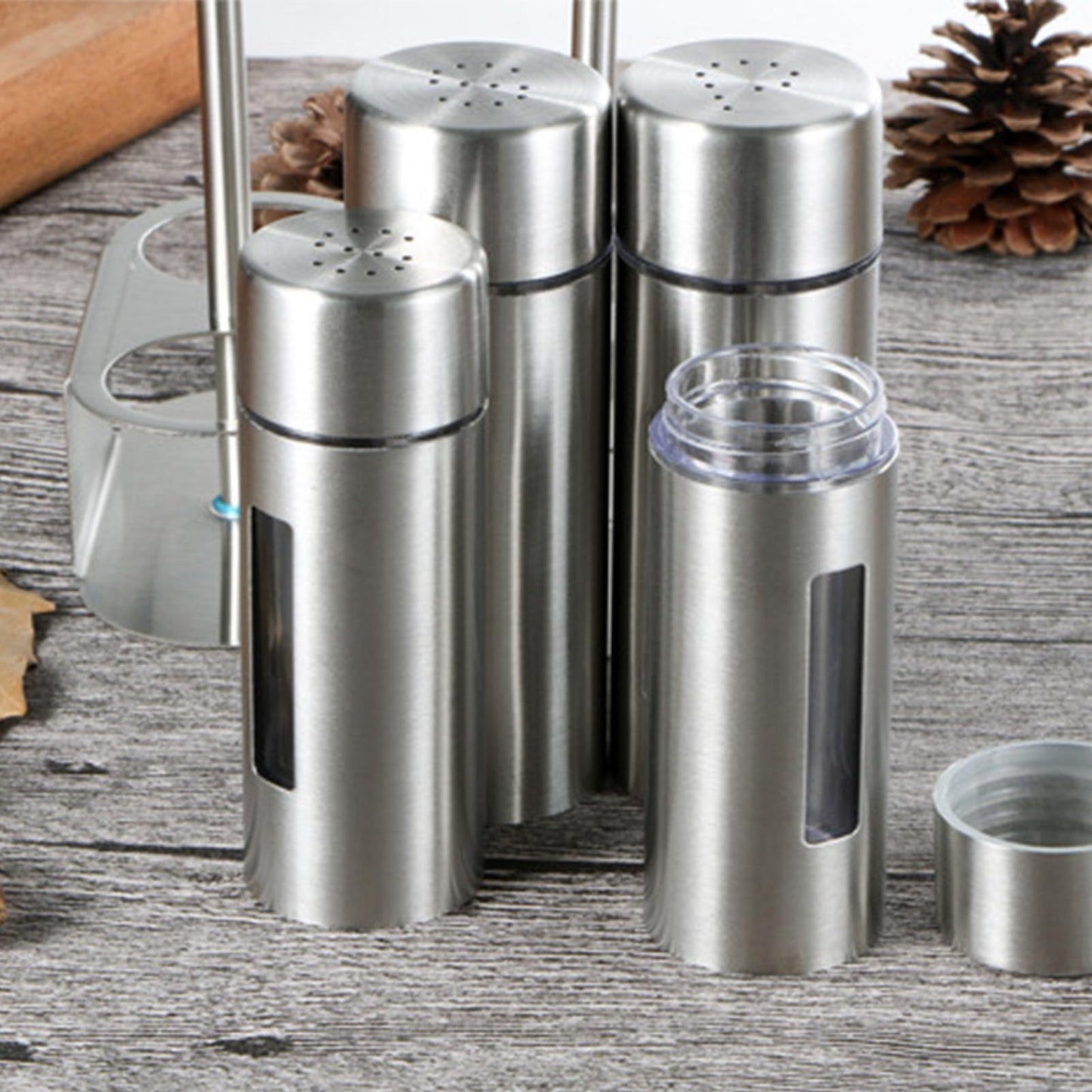 Salt and Pepper Shakers Set, Stainless Steel Seasoning Bottle with Holder, Refillable Salt Pepper Dispenser Spice Containers for Home Kitchen Countertop, BBQ, Bar, RV, Camp (L)