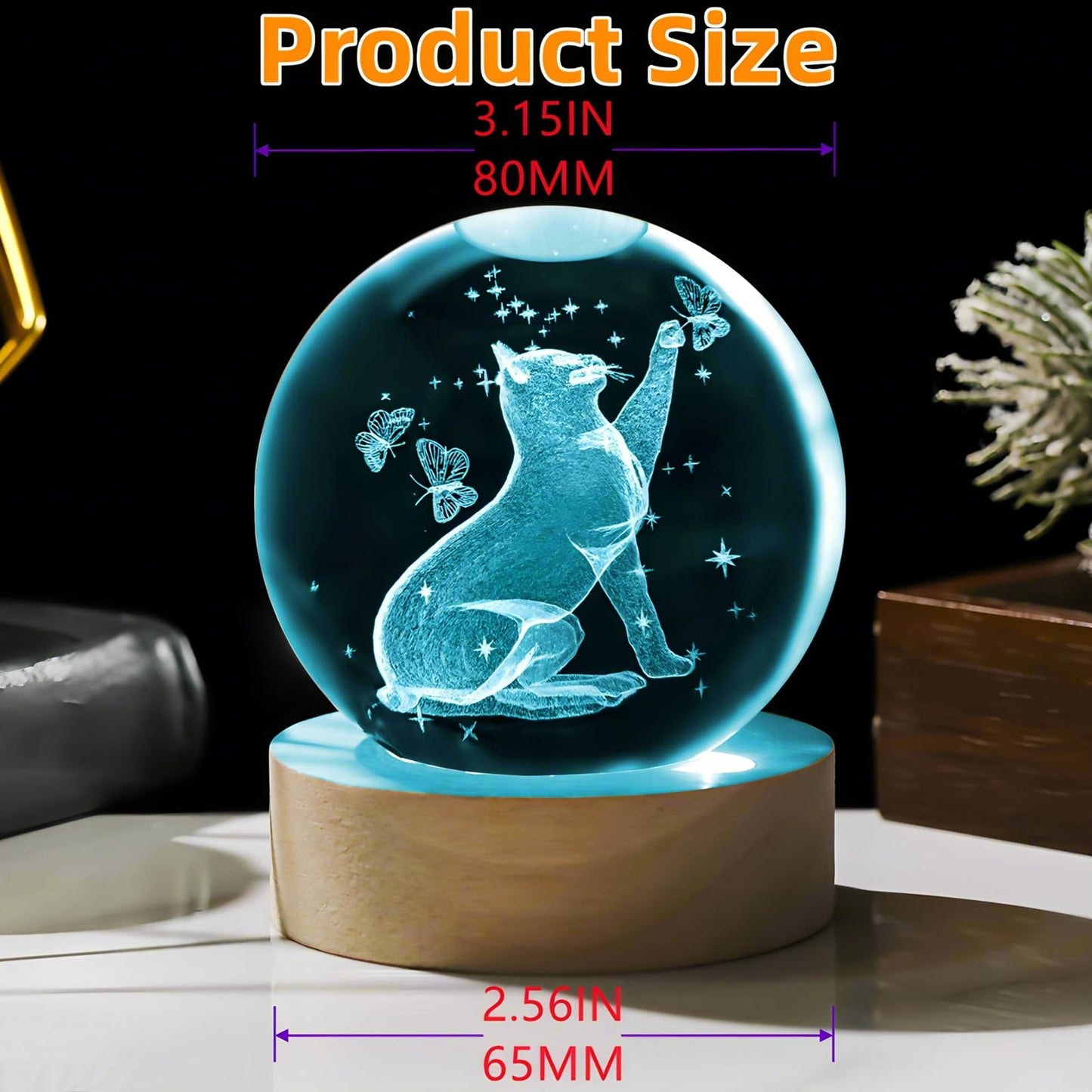 HAKSEIFA 3D Cat Crystal Ball Themed Gifts for Mom Wife Girlfriend Couple Her Cat Lover Gift for Women Birthday Christmas Decorative Glass Ball Decor Night Lamp