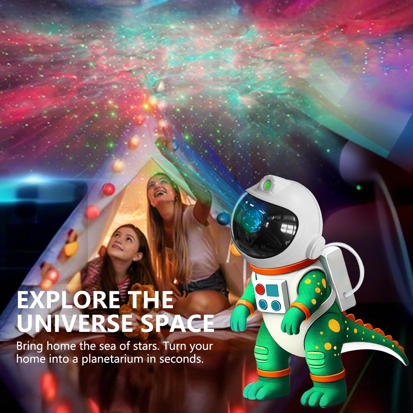 LUCYLANKER Dinosaur Astronaut Galaxy Star Projector Night Light, 8 in 1 LED Space Planetarium Lamp, 360° Rotating with Remote & Timer, Kids Adults Bedroom Decor, Christmas Birthday Gifts (Green)