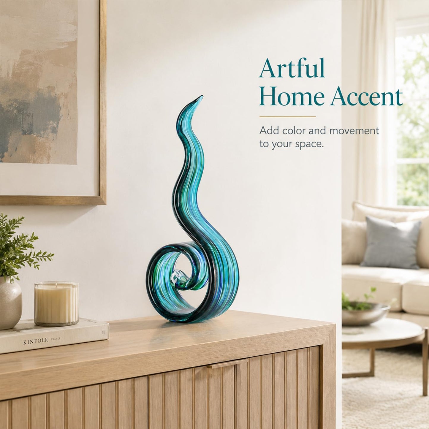 LCCCK 11.4in H Large Table Statue, Teal Hand Blown Glass Sculptures for Coastal Home Decor, Abstract Wave Statue and Tabletop Centerpiece for Entryway Shelf Mantel Office Display, Modern Art Accent