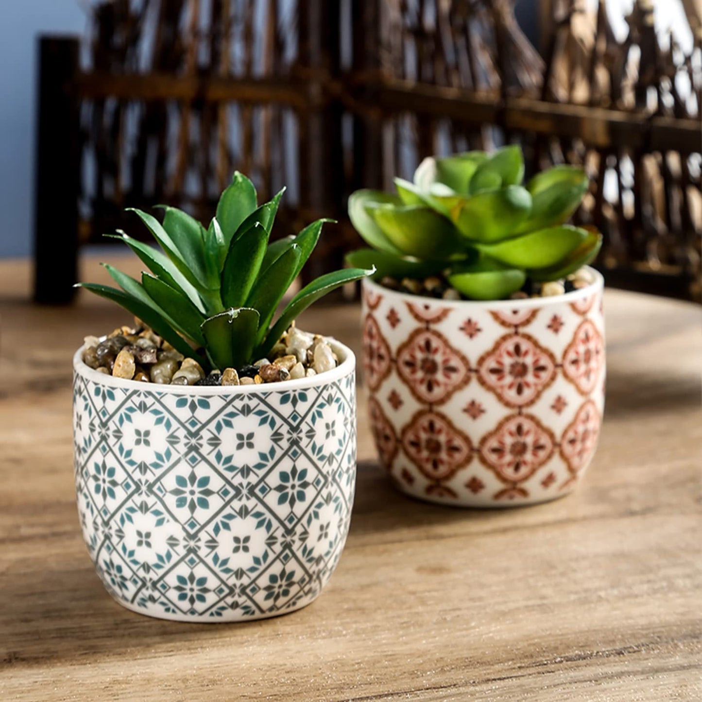 Karlliu Artificial Plants Succulent Flowers in Ceramic Planter 2 Pack Small Fake Plants Potted for Home Office Desk Decor Farmhouse Living Room Bedroom Shelves Decoration