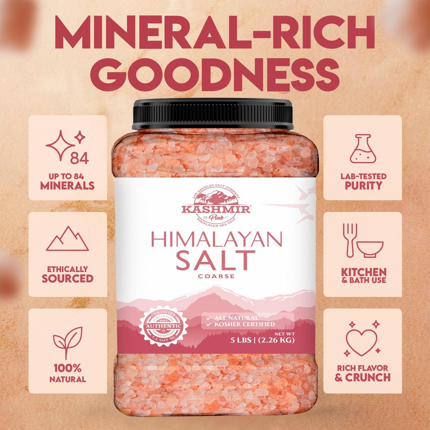 LA SALT CO Kashmir 5 Lbs Pink Himalayan Salt Bulk Jar, Coarse | 100% Pure, Food Grade with 84 Trace Minerals | Kosher Certified, Vegan, Non-GMO, & Cruelty-Free