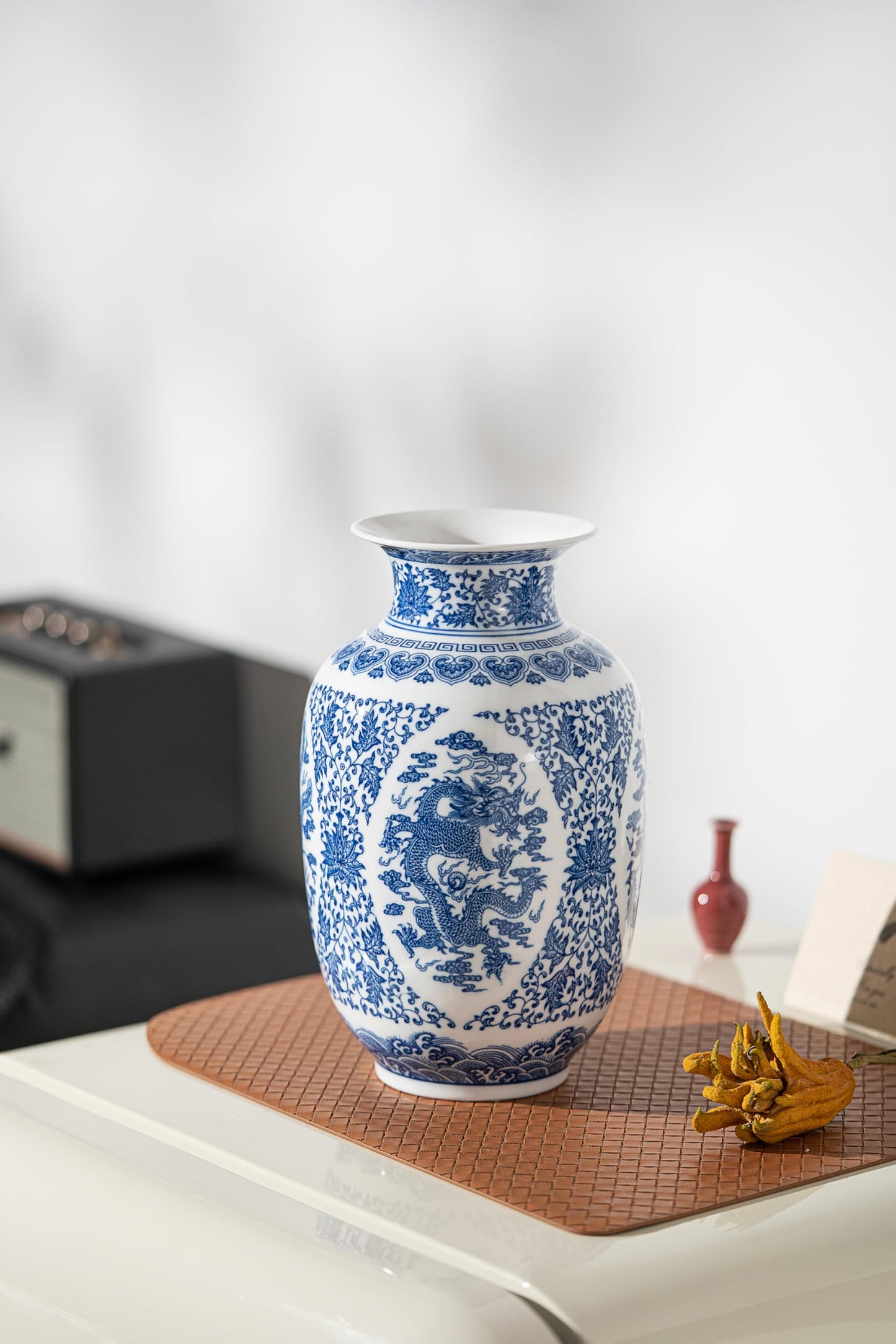 Blue and White Vase, Large Chinoiserie Vase Porcelain, Ginger Jar, Mantel Decor for Living Room & Home,11" H