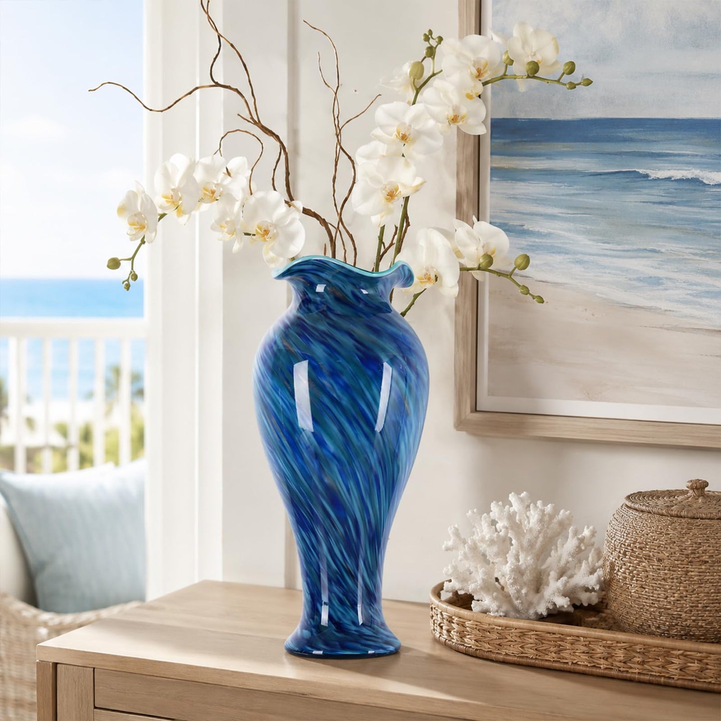 20" Tall Hand Blown Glass Vase – Pretty Ruffle Wide Mouth Decorative Flower Vase, for Modern Home Decor, Ideal Centerpiece for Living Rooms, Wedding & Home Decor