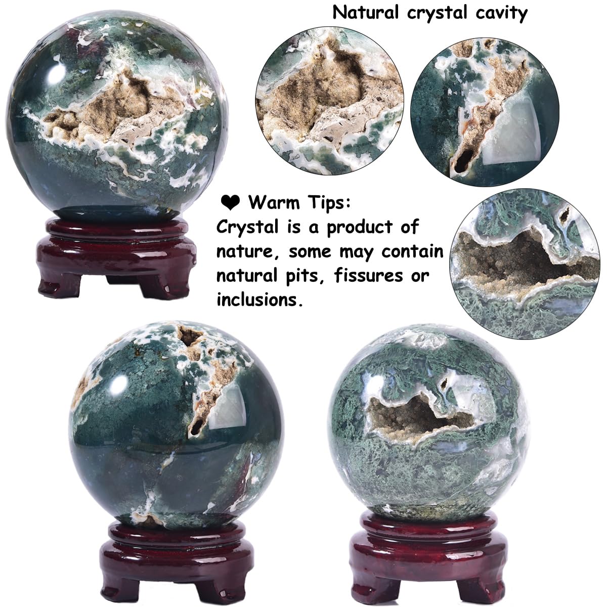 MOGEMT Large Moss Agate Crystal Sphere Natural Healing Crystal Ball with Stand Meditation Decorative Balls Home Decor 90-100mm/3.5-3.9"
