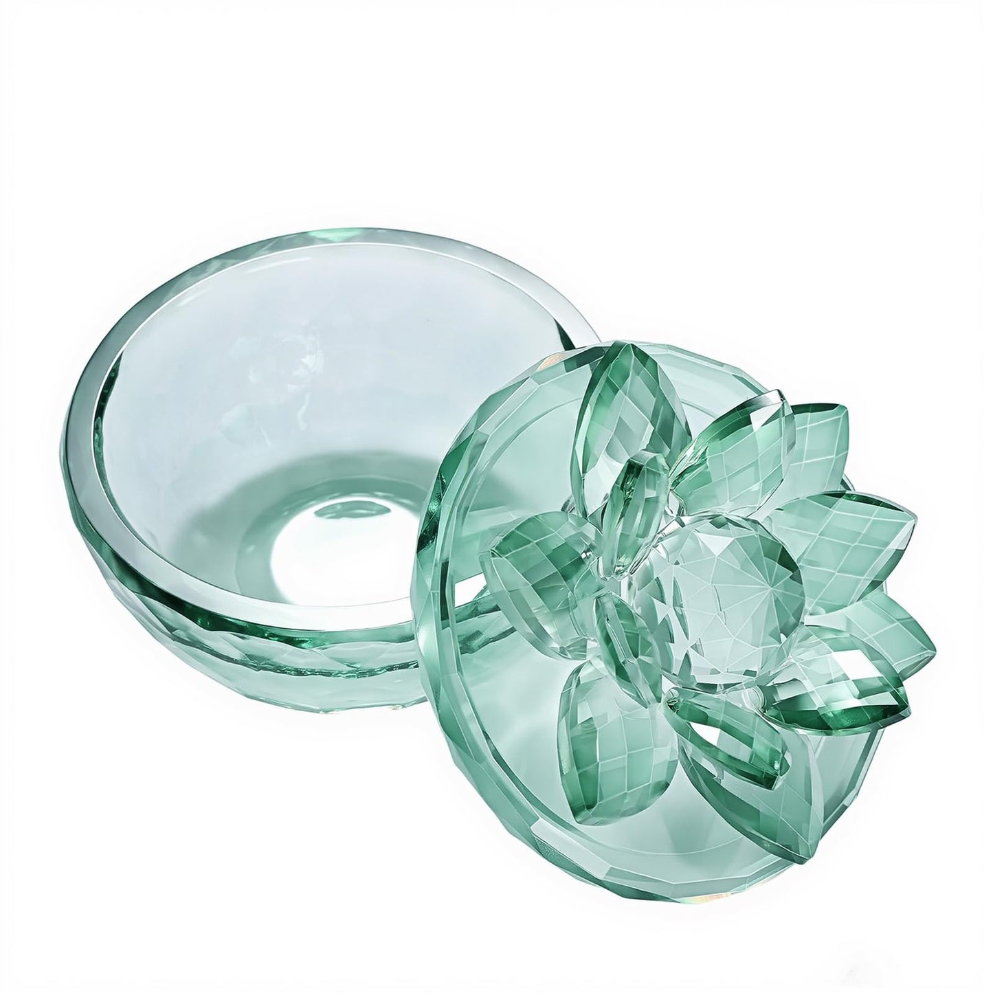 Dounx Crystal Jewelry Box, Small Glass Trinket Jar with Lid, Clear Lotus Flower Storage Holder for Women, Elegant Organizer Dish for Ring, Earrings, Necklace, Gift (Green)