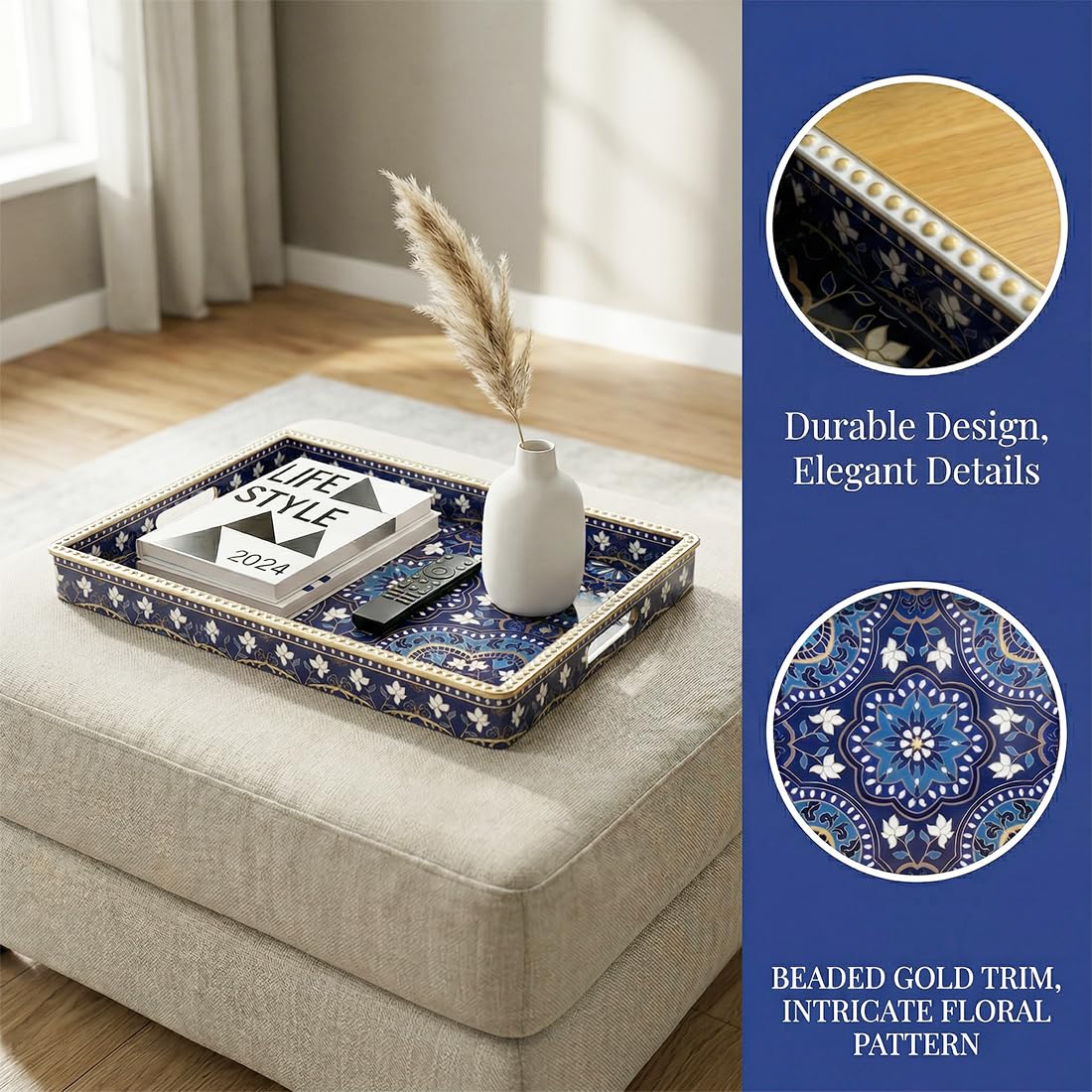 UOEKCS Boho Serving Tray with Handles, Large Rectangular Decorative Ottoman Tray with Gold Beaded Rim, Blue Floral Mandala Design, for Coffee Table, Kitchen Counter, Vanity, 15.7”x11.8”