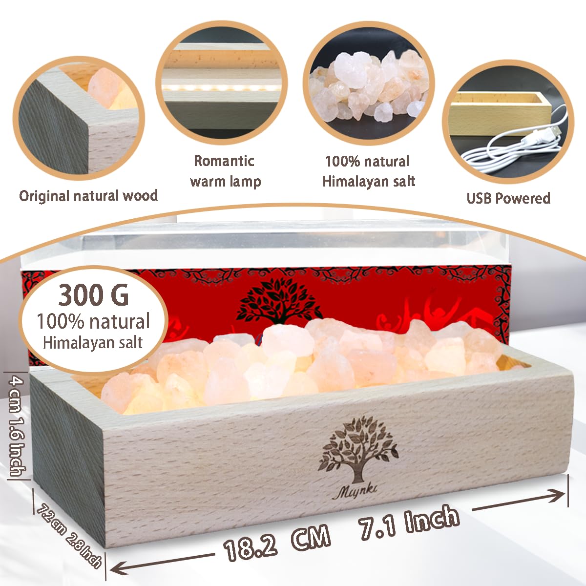 mlynkl Himalayan Pink Salt Lamp Diffuser with Wood Base - 300g Natural Salt, USB Powered, Warm Light & 10ml Gardenia Essential Oil Set for Aromatherapy, Relaxation, Meditation, Home Decor, Gifts