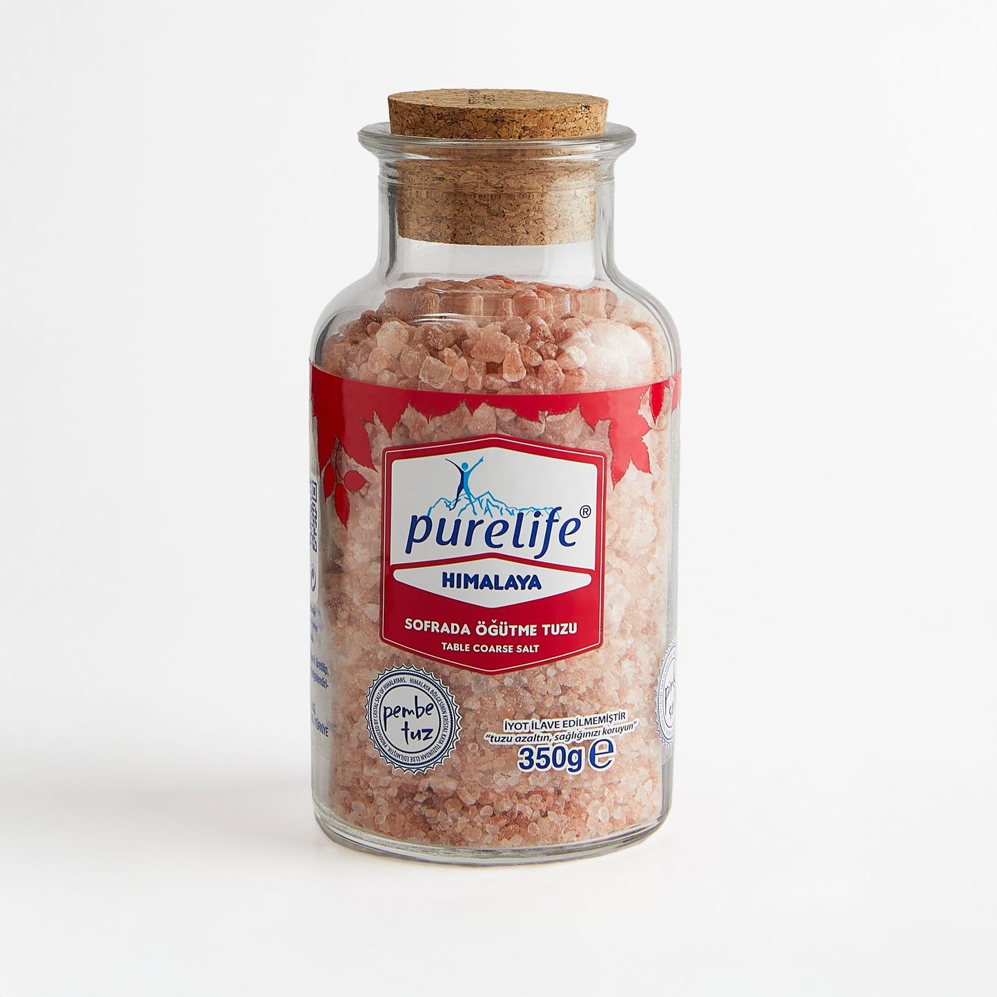 Purelife Himalayan Kosher Unrefined Table Coarse Pink Salt in Classy Glass Jar with Cork- Gourmet Natural Crystal Rock Salt with Minerals-Gluten, Soy, Allergen, Anti-caking agent free-From Iron Rich part of Himalayan Salt Mine- 12.35oz