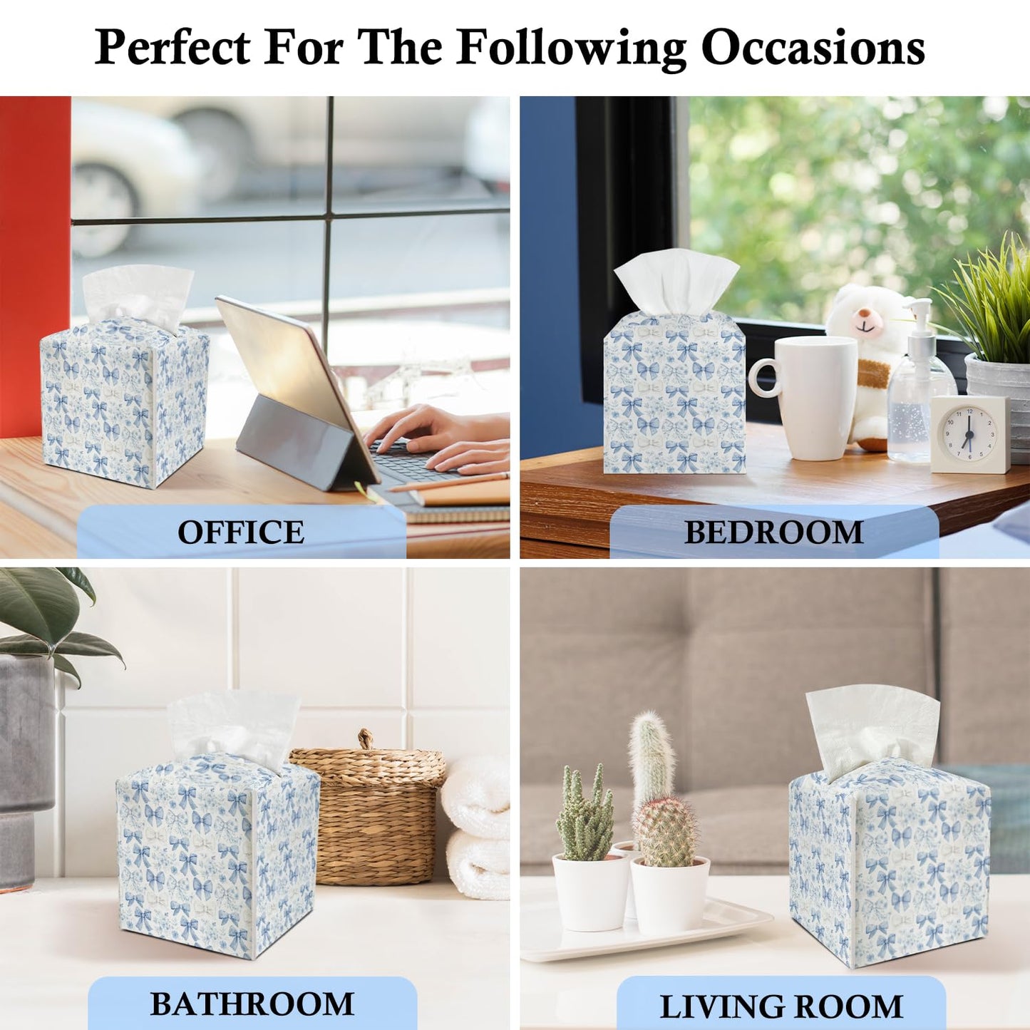 Blue Bows Floral Tissue Holder Square with Bottom Belt Elegant Leather Decorative Box Cover for Bathroom Car Office Ideal for Women Friends Mom Bestie Birthday Christmas Housewarming Gifts - FS688