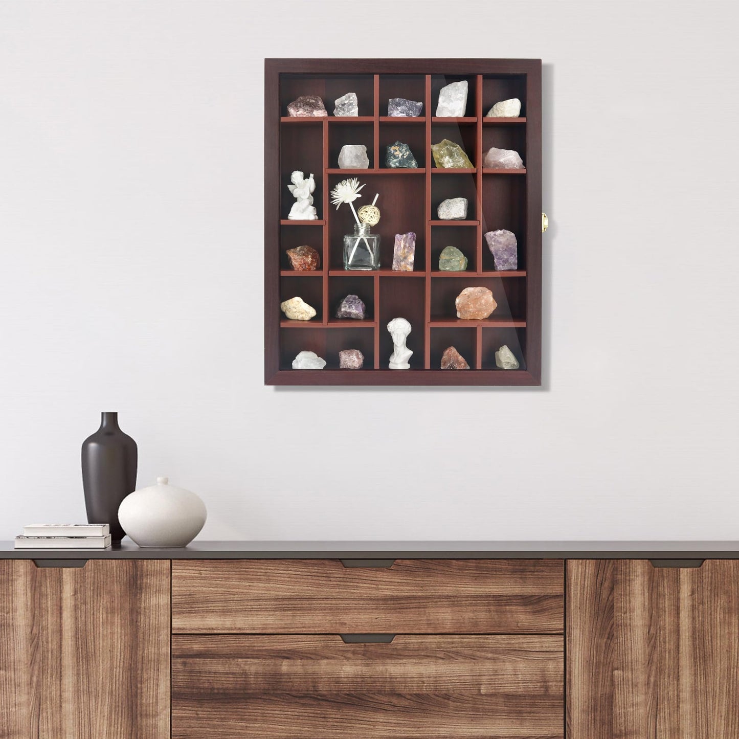 FramePro Rock Display Case - Adjustable Mineral Collection Box with Glass Lid, Wooden Cabinet for Rock, Fossil, Crystal, Seashell Collections - Geology Gift for Adults/Kids (16" x 13.5", Brown)