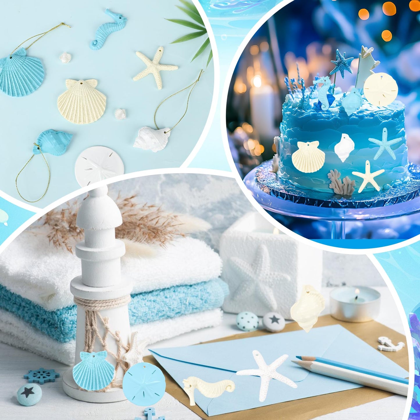 30 Pieces Resin Starfish Seahorse Sanddollar Conch & Seashells Set with Rope for Christmas Tree Hanging Ornaments Beach Theme Wedding Home Decor & DIY Crafts (Beige)