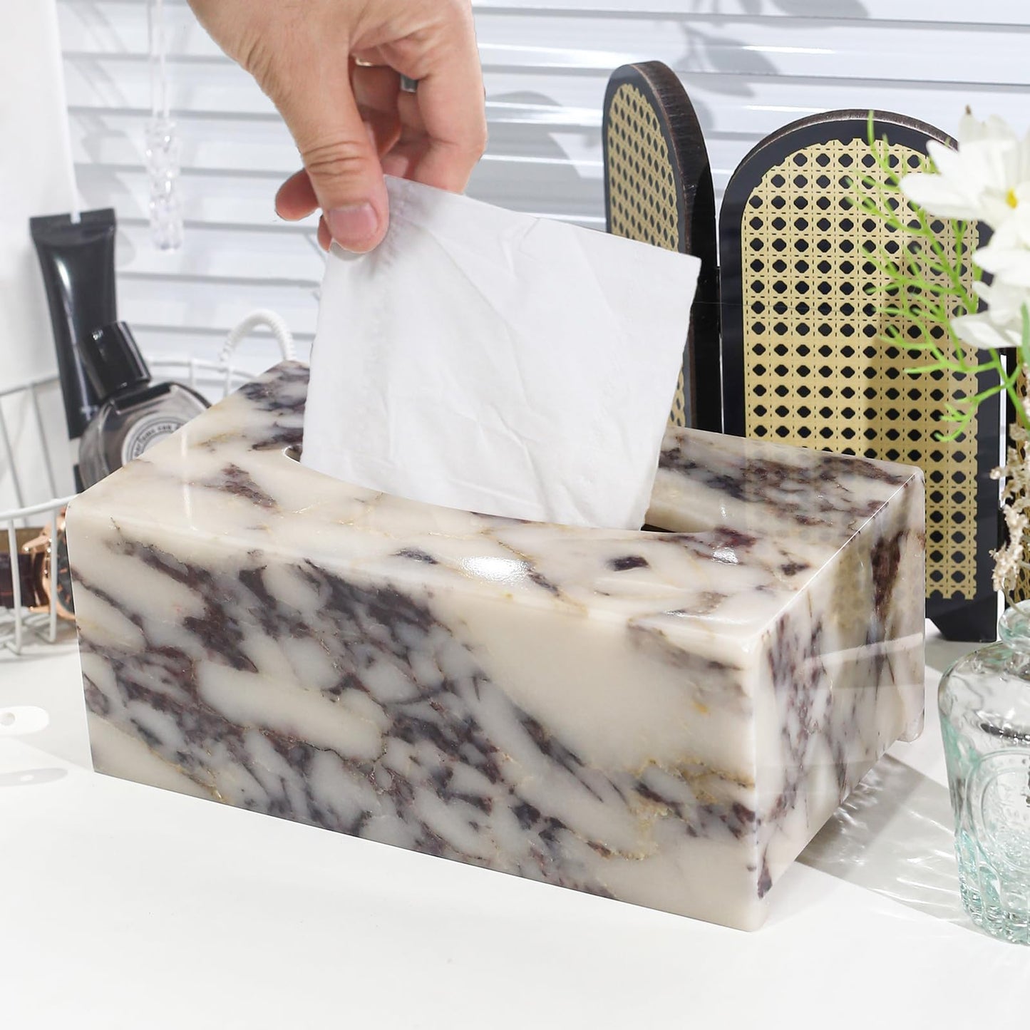 Noble and Light Luxury Natural Travertine Marble Household Tissue Box for Bathroom | Office | Desk | countertop | Vanity | Bedroom | Bedside Table |Calacatta Viola