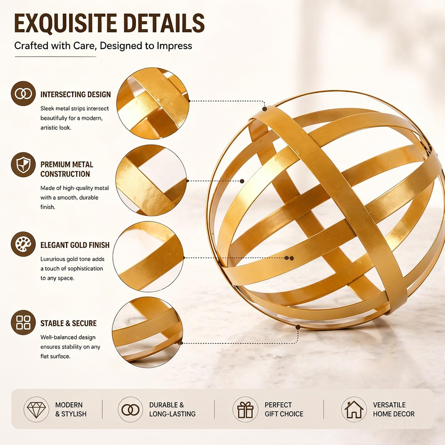 YIYA Gold Decorative Sphere Set of 3 - Metal Ball Decoration - Gold Decor for Shelves - Metal Ball Table Decor for Living Room Bedroom Kitchen Office Coffee Table Desk