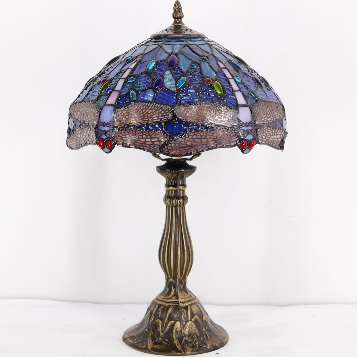 WERFACTORY Tiffany Table Lamp Blue Stained Glass Dragonfly Style Desk Light