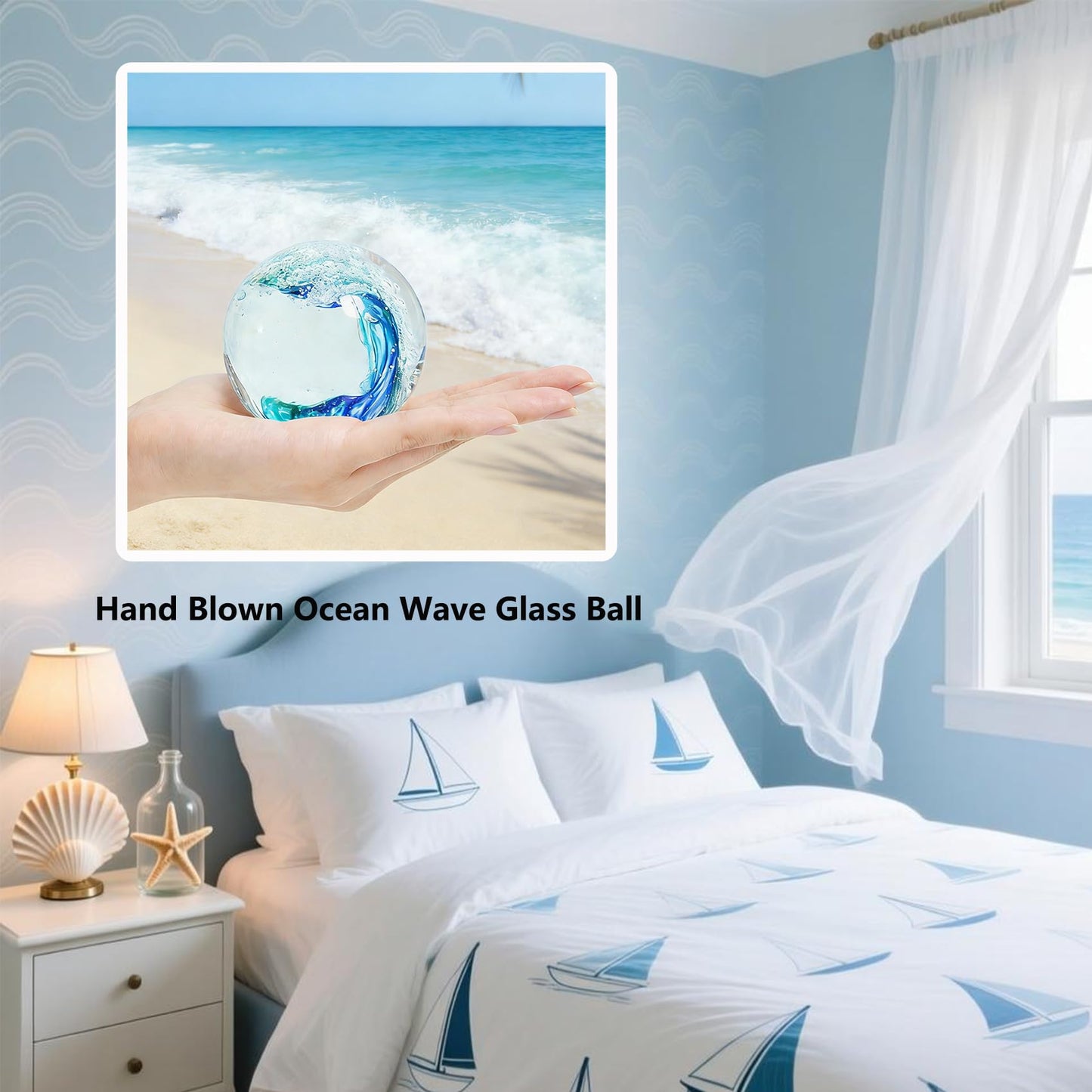 Oiexgu Hand Blown Ocean Wave Glass Ball Paperweight Sea Glass Ball,Beach Home Decoration Collectible Figurines Ball,Aquarium Decor Office Desk & Bathroom Decor,Unique Gift Ocean Lovers
