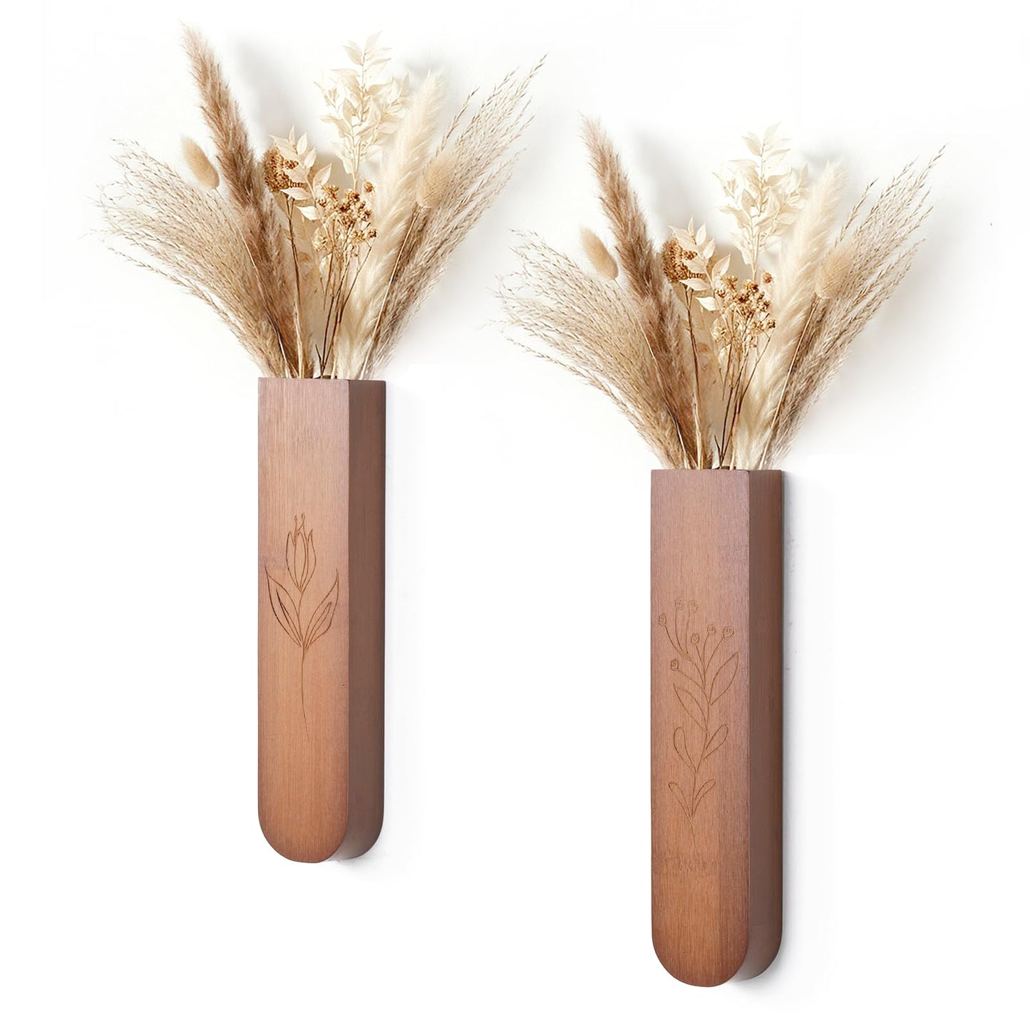 Wood Wall Vase Set of 2, 11.6 x 2.52 x 1.37 inch for Dried Flowers and Faux Greenery Plants for Bathroom,Kitchen,Farmhouse,Dining Room Wall Decor （Brown