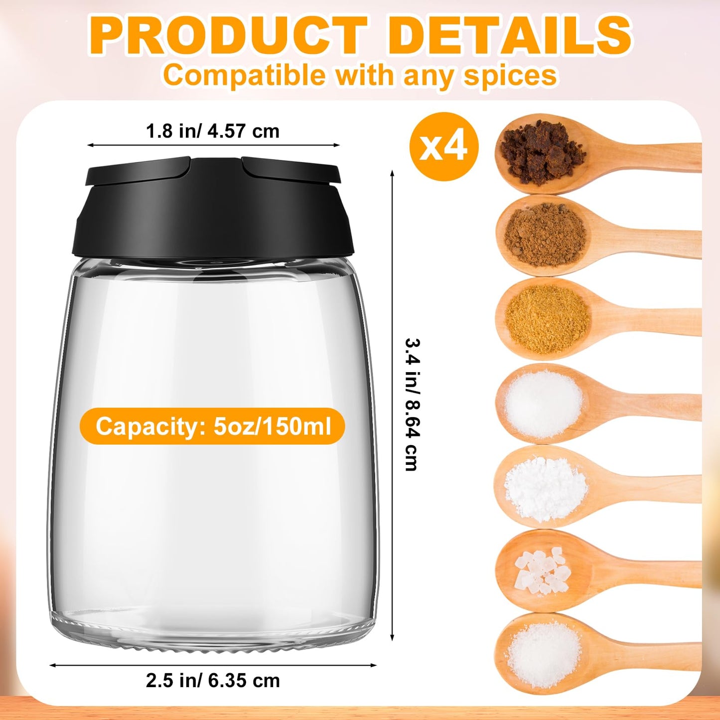 Sawysine 4 Pack 150ml 5 oz Glass Salt and Pepper Shakers with lids Vintage Spice Shakers Bottle Moisture-Proof Condiment Holders Kitchen Gadgets Cooking Table for Dining Room Table Kitchen Restaurant